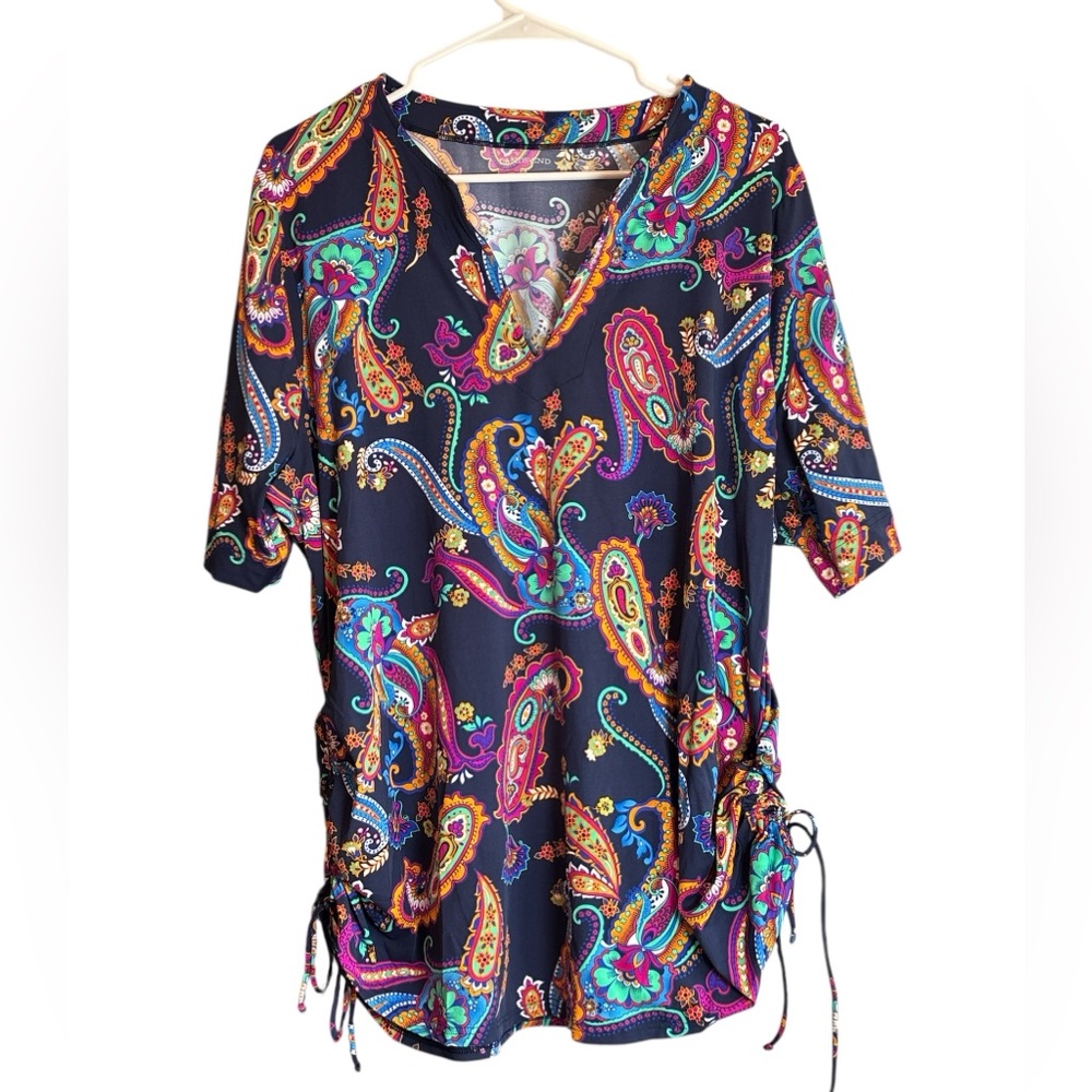 Lands’ End 1X Paisley Tunic Top Sun Top Drawstring Sides V-Neck 16W 18W